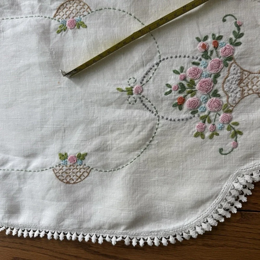 Vtg Embroidered Crochet Dresser Scarf Table Runner Flower Basket 39